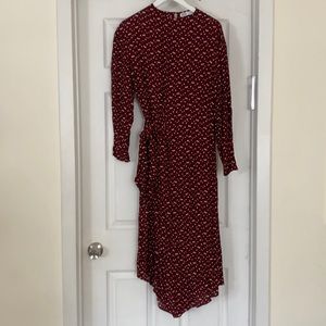 Zara Asymmetrical hem long sleeve burgundy dress with waist tie detail. Size M